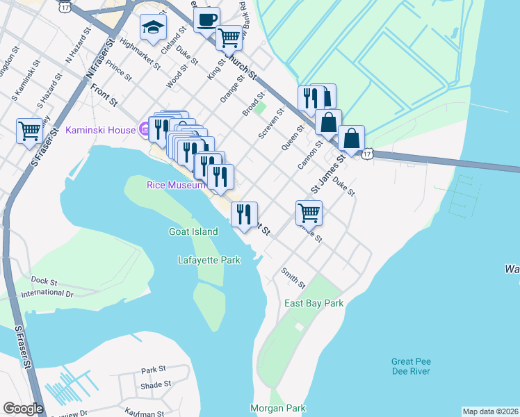 map of restaurants, bars, coffee shops, grocery stores, and more near 117 Cannon Street in Georgetown