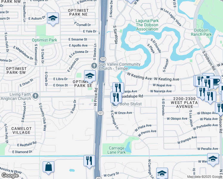 map of restaurants, bars, coffee shops, grocery stores, and more near 2738 South Noche De Paz in Mesa