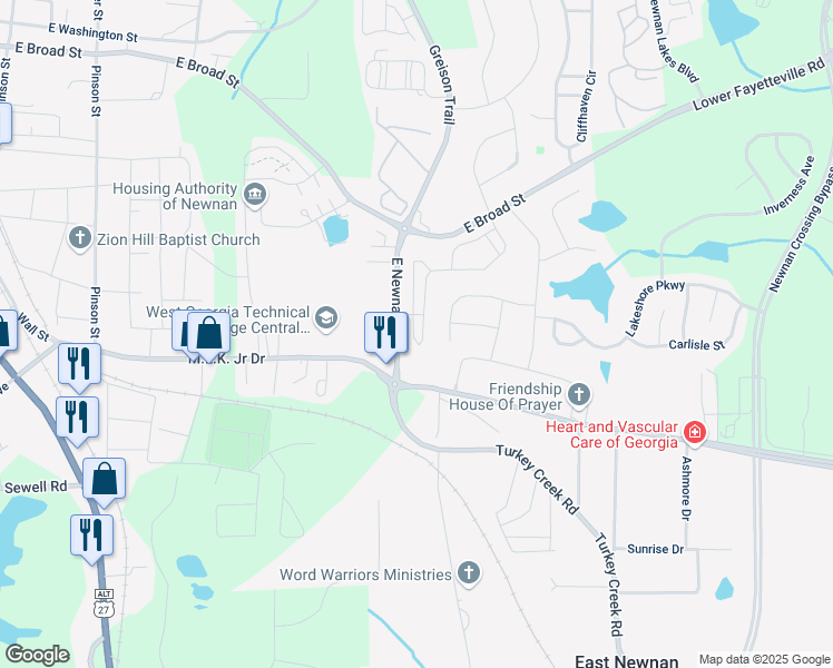 map of restaurants, bars, coffee shops, grocery stores, and more near 223 Preserve Drive in Newnan