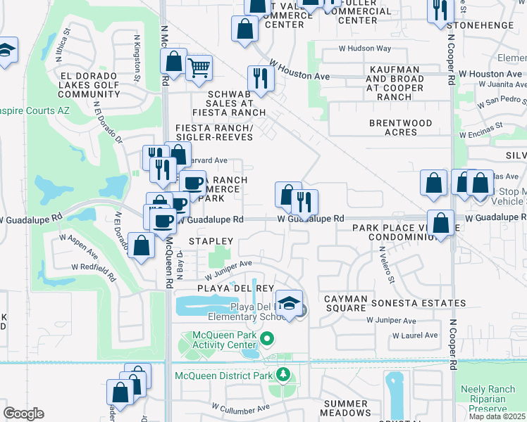 map of restaurants, bars, coffee shops, grocery stores, and more near 1320 West Guadalupe Road in Gilbert