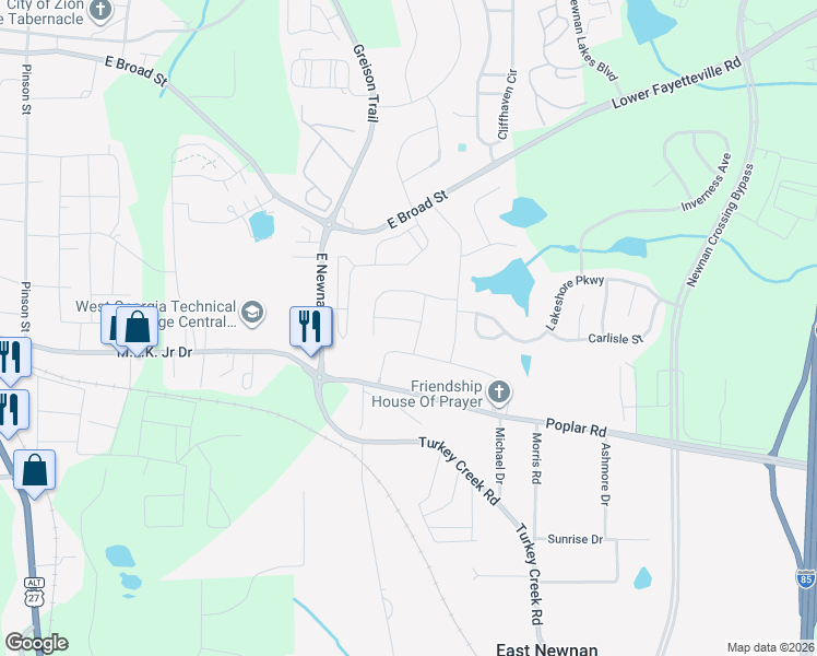 map of restaurants, bars, coffee shops, grocery stores, and more near 30 Huron Street in Newnan