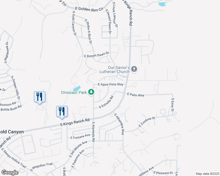 map of restaurants, bars, coffee shops, grocery stores, and more near 5580 South Estrella Road in Gold Canyon