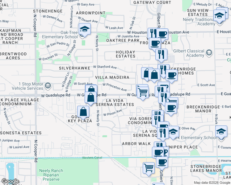 map of restaurants, bars, coffee shops, grocery stores, and more near 302 West Aspen Avenue in Gilbert