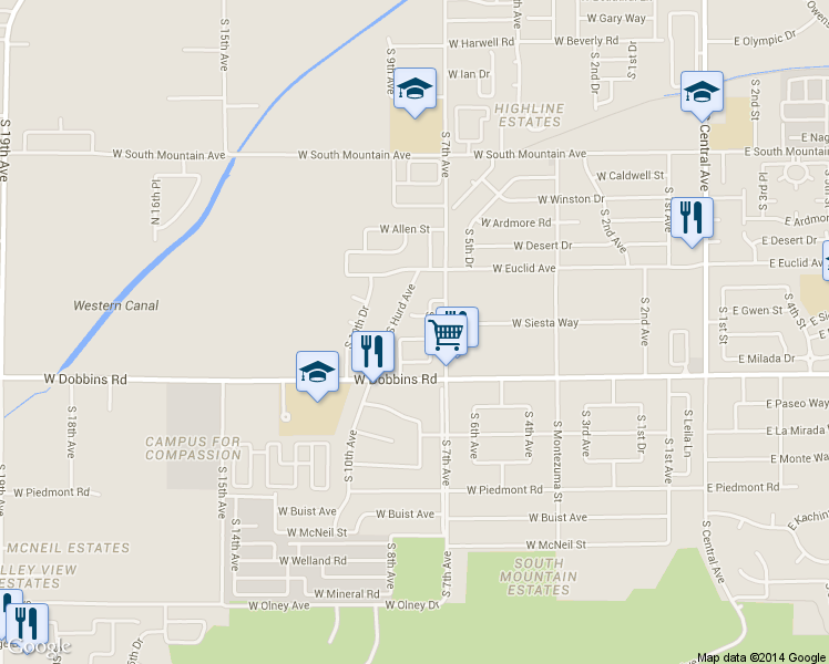 map of restaurants, bars, coffee shops, grocery stores, and more near 725 West Beth Drive in Phoenix