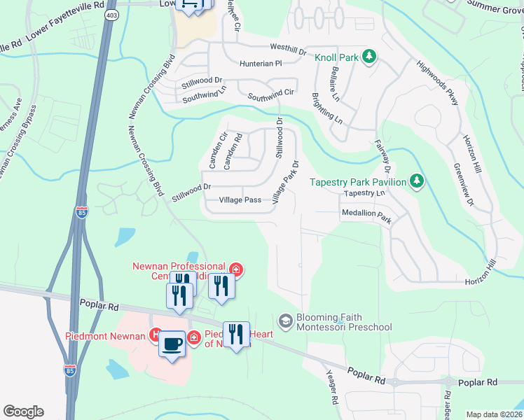 map of restaurants, bars, coffee shops, grocery stores, and more near 93 Village Park Drive in Newnan