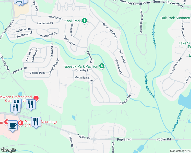 map of restaurants, bars, coffee shops, grocery stores, and more near 11 Medallion Park in Newnan