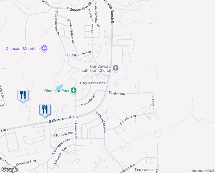 map of restaurants, bars, coffee shops, grocery stores, and more near 5564 South Kings Ranch Road in Gold Canyon