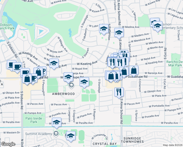 map of restaurants, bars, coffee shops, grocery stores, and more near 1415 West Naranja Avenue in Mesa