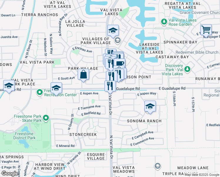 map of restaurants, bars, coffee shops, grocery stores, and more near North Val Vista Drive in Gilbert