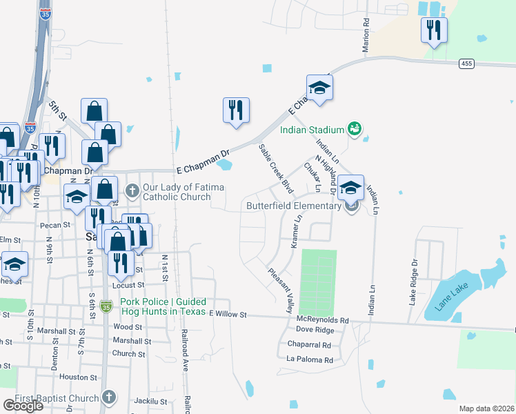 map of restaurants, bars, coffee shops, grocery stores, and more near 2 Grouse Run in Sanger