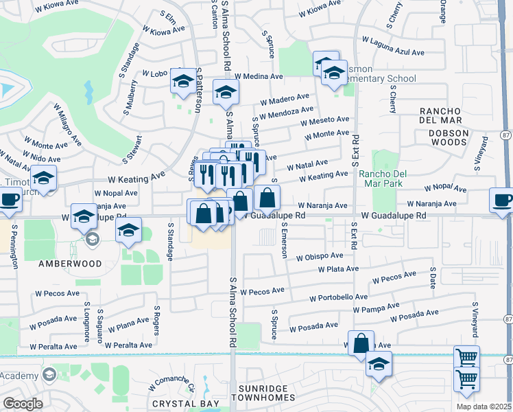 map of restaurants, bars, coffee shops, grocery stores, and more near 1142 West Guadalupe Road in Mesa