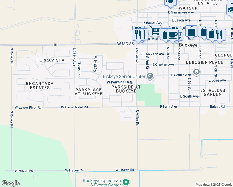 map of restaurants, bars, coffee shops, grocery stores, and more near 25193 West Cranston Lane in Buckeye