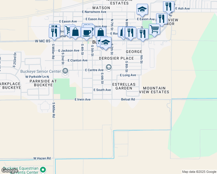 map of restaurants, bars, coffee shops, grocery stores, and more near 622 East South Avenue in Buckeye