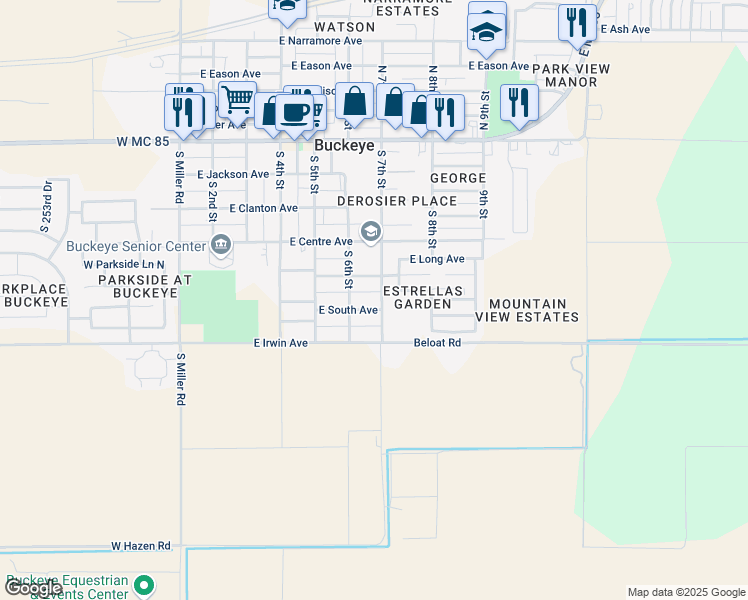 map of restaurants, bars, coffee shops, grocery stores, and more near 622 East South Avenue in Buckeye