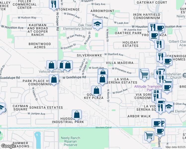 map of restaurants, bars, coffee shops, grocery stores, and more near 525 West Princeton Avenue in Gilbert