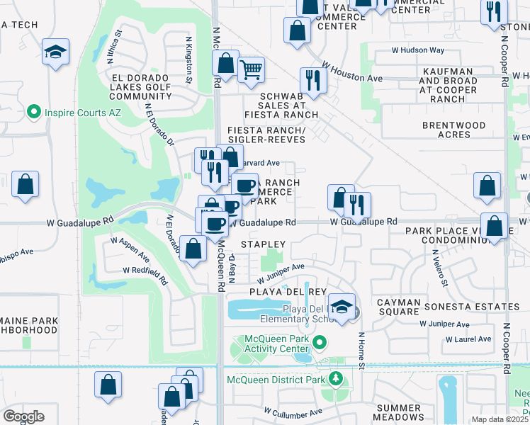 map of restaurants, bars, coffee shops, grocery stores, and more near 1480 Abalone Drive in Gilbert