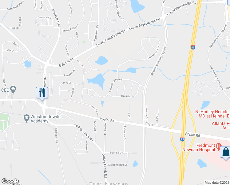 map of restaurants, bars, coffee shops, grocery stores, and more near 10 Keswick Court in Newnan