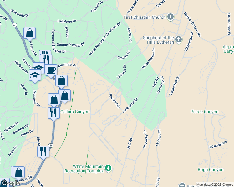 map of restaurants, bars, coffee shops, grocery stores, and more near 104 Racquet Place in Ruidoso