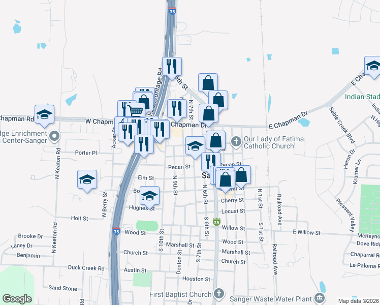 map of restaurants, bars, coffee shops, grocery stores, and more near 603 North 7th Street in Sanger