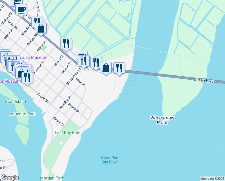 map of restaurants, bars, coffee shops, grocery stores, and more near 355 Marina Drive in Georgetown
