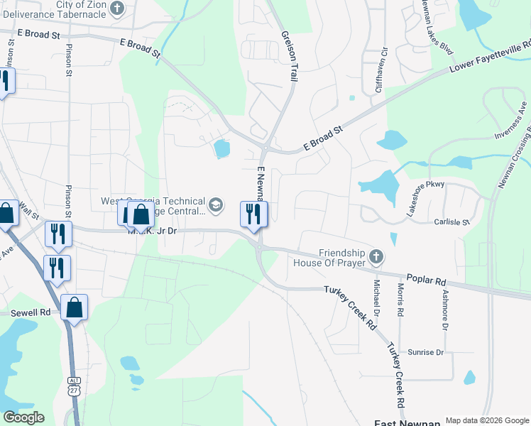 map of restaurants, bars, coffee shops, grocery stores, and more near 228 Preserve Drive in Newnan