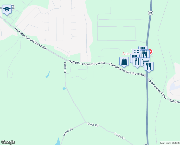 map of restaurants, bars, coffee shops, grocery stores, and more near 109 Brindle Way in Locust Grove