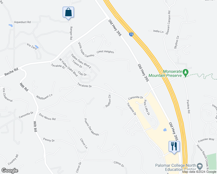 map of restaurants, bars, coffee shops, grocery stores, and more near 1718 Tecalote Drive in Fallbrook