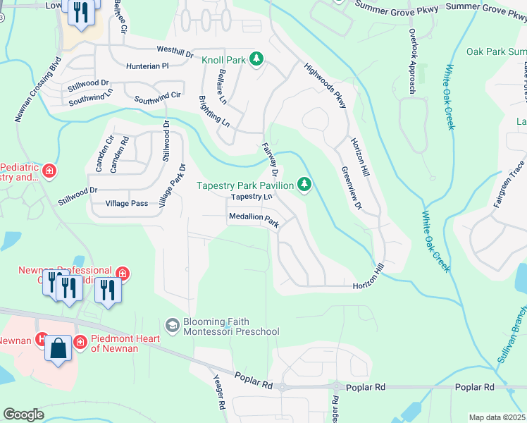 map of restaurants, bars, coffee shops, grocery stores, and more near 11 Medallion Park in Newnan