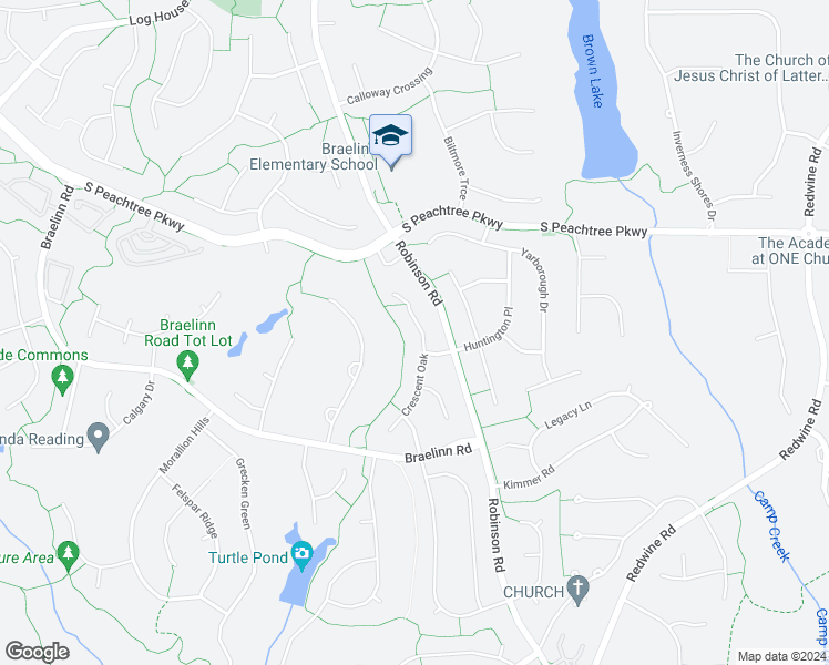 map of restaurants, bars, coffee shops, grocery stores, and more near 227 Crescent Oak in Peachtree City