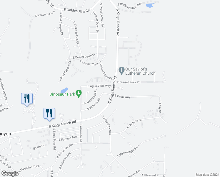 map of restaurants, bars, coffee shops, grocery stores, and more near 5522 South Kings Ranch Road in Gold Canyon
