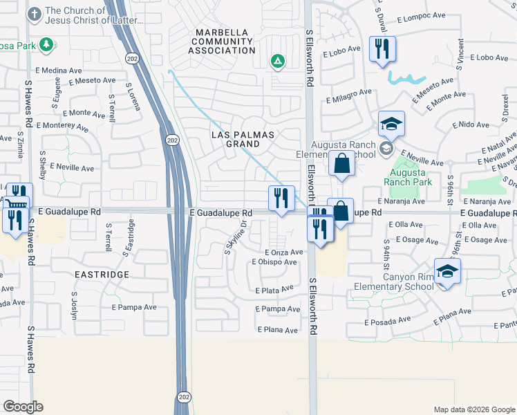 map of restaurants, bars, coffee shops, grocery stores, and more near 2821 South Skyline Drive in Mesa