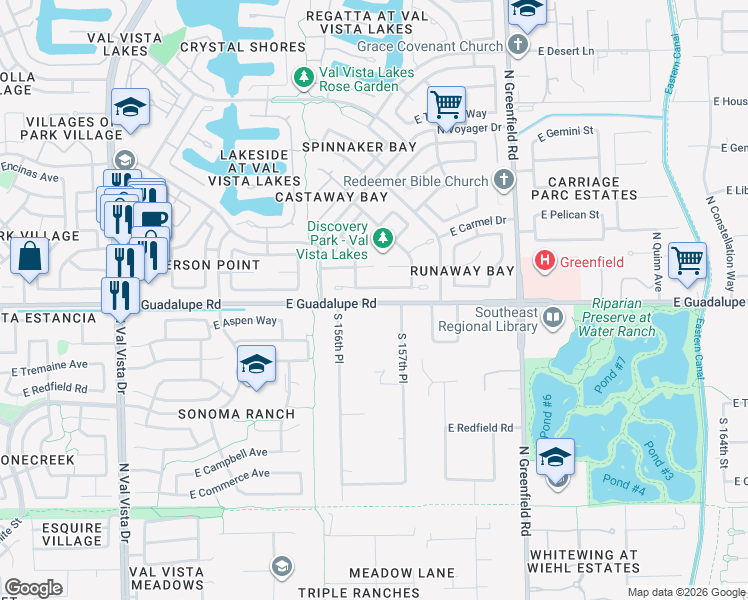 map of restaurants, bars, coffee shops, grocery stores, and more near 2120 East Guadalupe Road in Gilbert