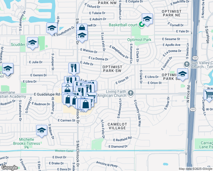 map of restaurants, bars, coffee shops, grocery stores, and more near 6235 South Los Feliz Drive in Tempe