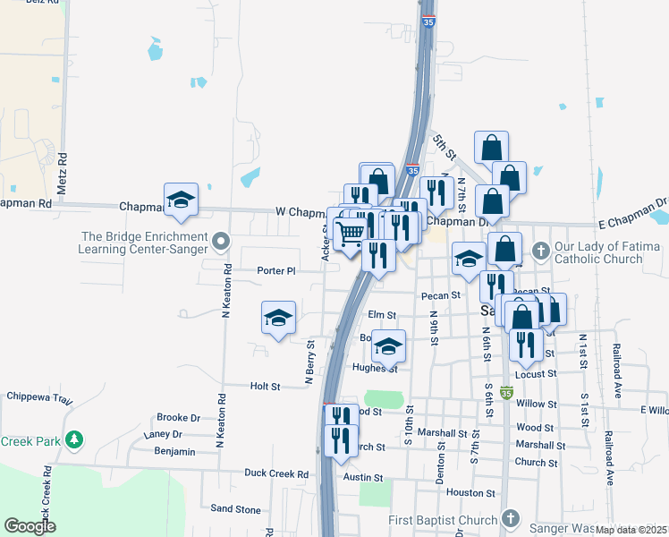 map of restaurants, bars, coffee shops, grocery stores, and more near 304 Acker Street in Sanger