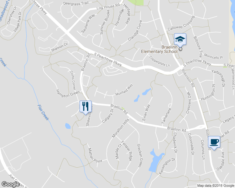 map of restaurants, bars, coffee shops, grocery stores, and more near 348 Muirfield Way in Peachtree City