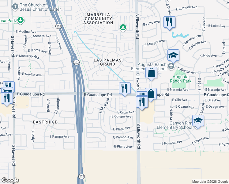 map of restaurants, bars, coffee shops, grocery stores, and more near 2821 South Skyline Drive in Mesa