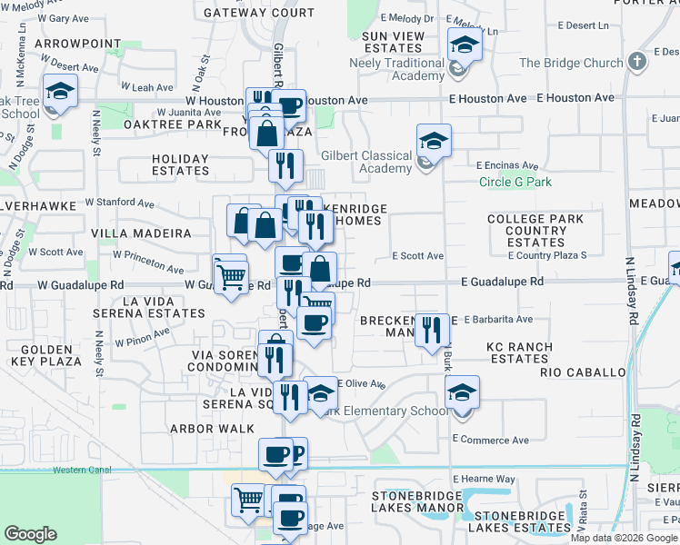 map of restaurants, bars, coffee shops, grocery stores, and more near 170 East Guadalupe Road in Gilbert