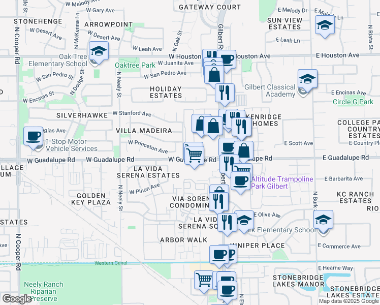 map of restaurants, bars, coffee shops, grocery stores, and more near 76 West Guadalupe Road in Gilbert