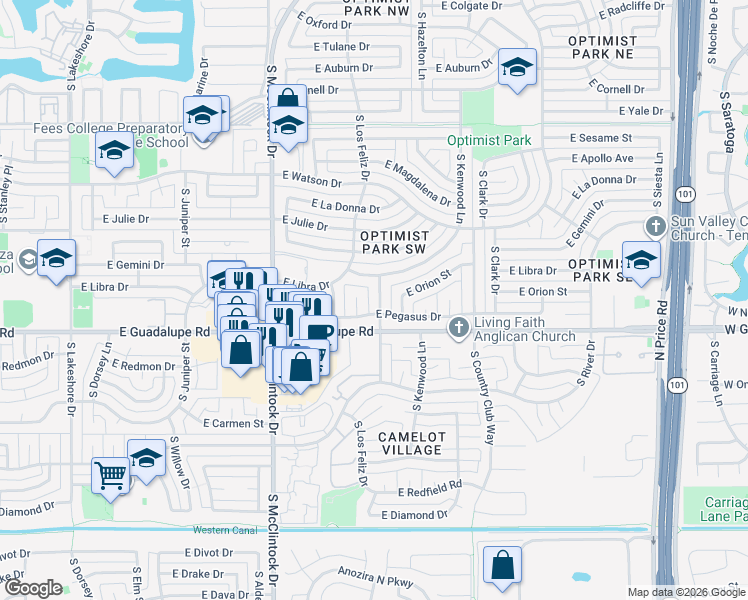 map of restaurants, bars, coffee shops, grocery stores, and more near 6235 South Los Feliz Drive in Tempe