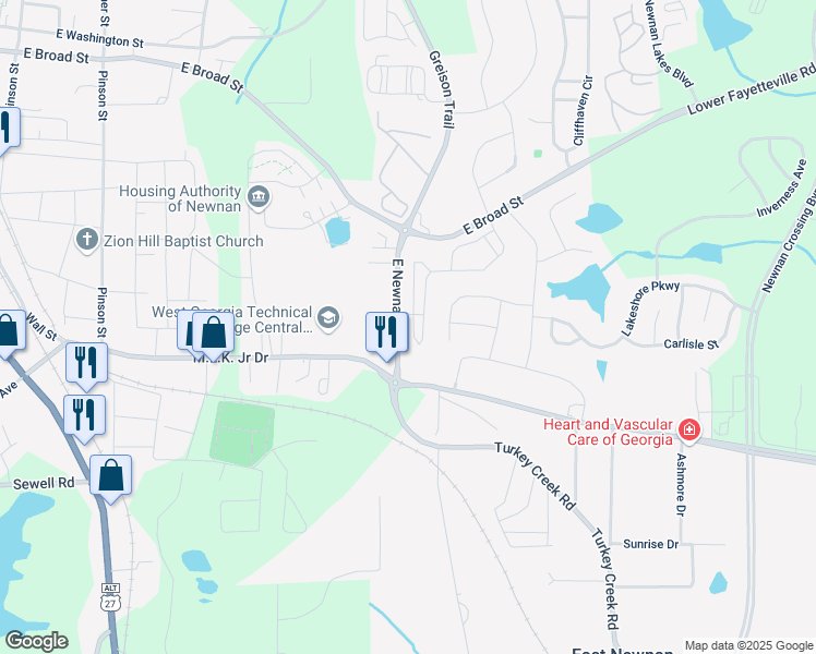 map of restaurants, bars, coffee shops, grocery stores, and more near 228 Preserve Drive in Newnan