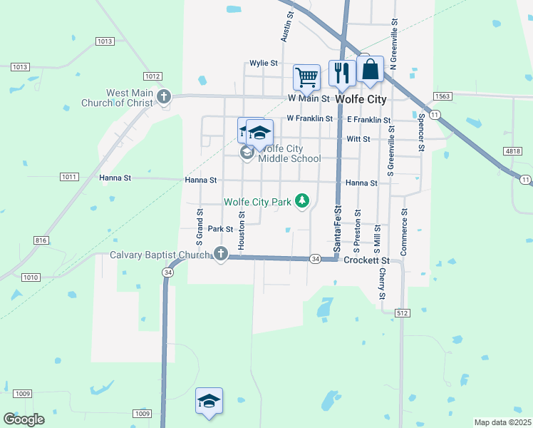 map of restaurants, bars, coffee shops, grocery stores, and more near 607 San Antonio Street in Wolfe City