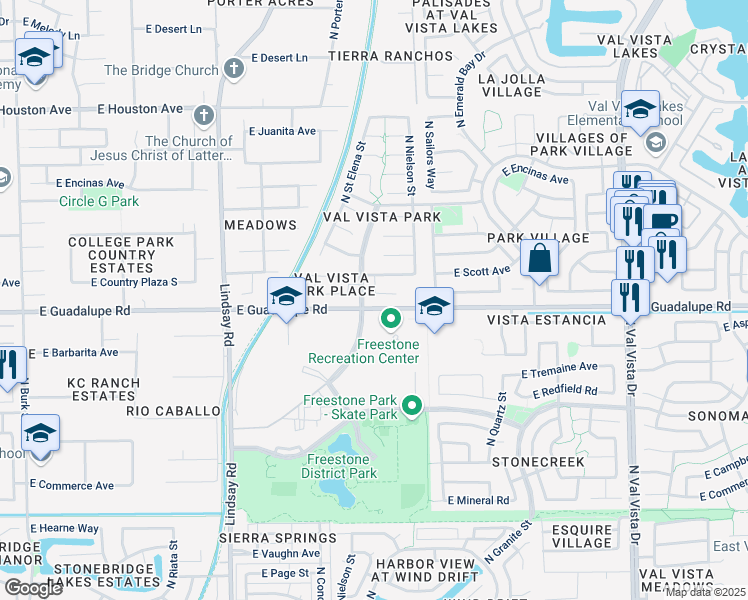 map of restaurants, bars, coffee shops, grocery stores, and more near 1133 East Princeton Avenue in Gilbert