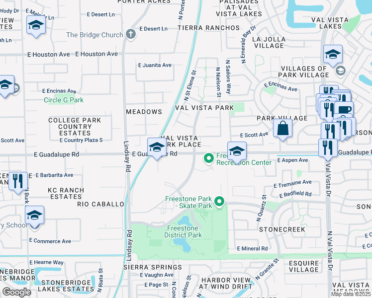 map of restaurants, bars, coffee shops, grocery stores, and more near 1027 East Princeton Avenue in Gilbert