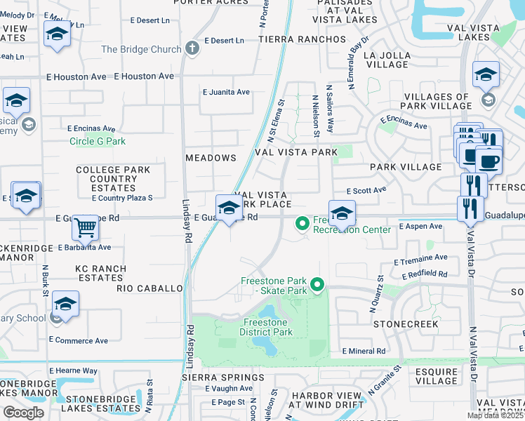 map of restaurants, bars, coffee shops, grocery stores, and more near 1027 East Princeton Avenue in Gilbert