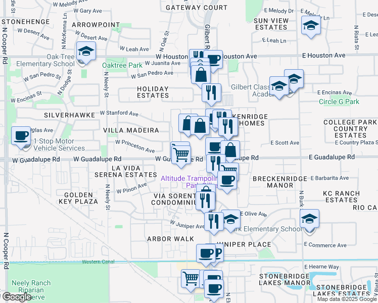 map of restaurants, bars, coffee shops, grocery stores, and more near 76 West Guadalupe Road in Gilbert