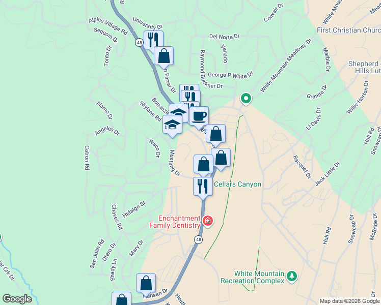map of restaurants, bars, coffee shops, grocery stores, and more near 123 Queen Aire Court in Ruidoso