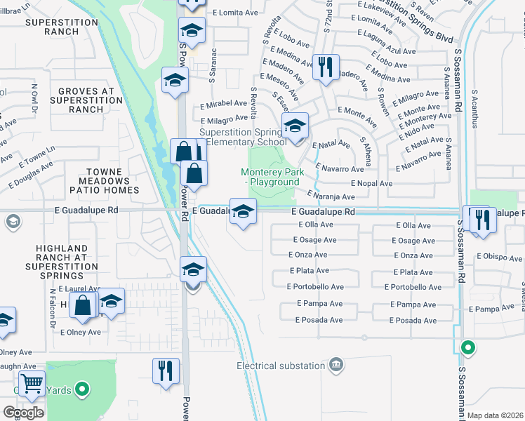 map of restaurants, bars, coffee shops, grocery stores, and more near 18164 East Guadalupe Road in Mesa