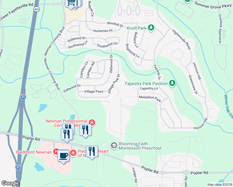 map of restaurants, bars, coffee shops, grocery stores, and more near 113 Village Place in Newnan