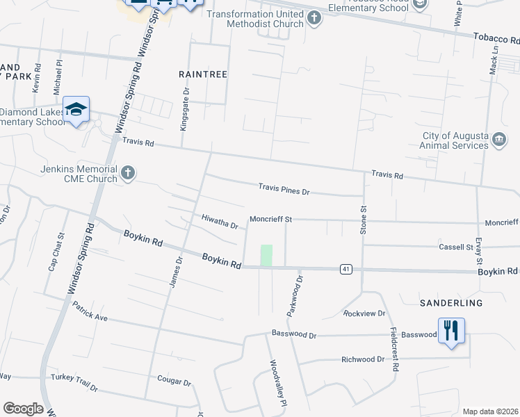 map of restaurants, bars, coffee shops, grocery stores, and more near 2350 Oketo Drive in Augusta