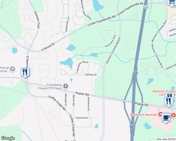 map of restaurants, bars, coffee shops, grocery stores, and more near 80 Carlisle Street in Newnan